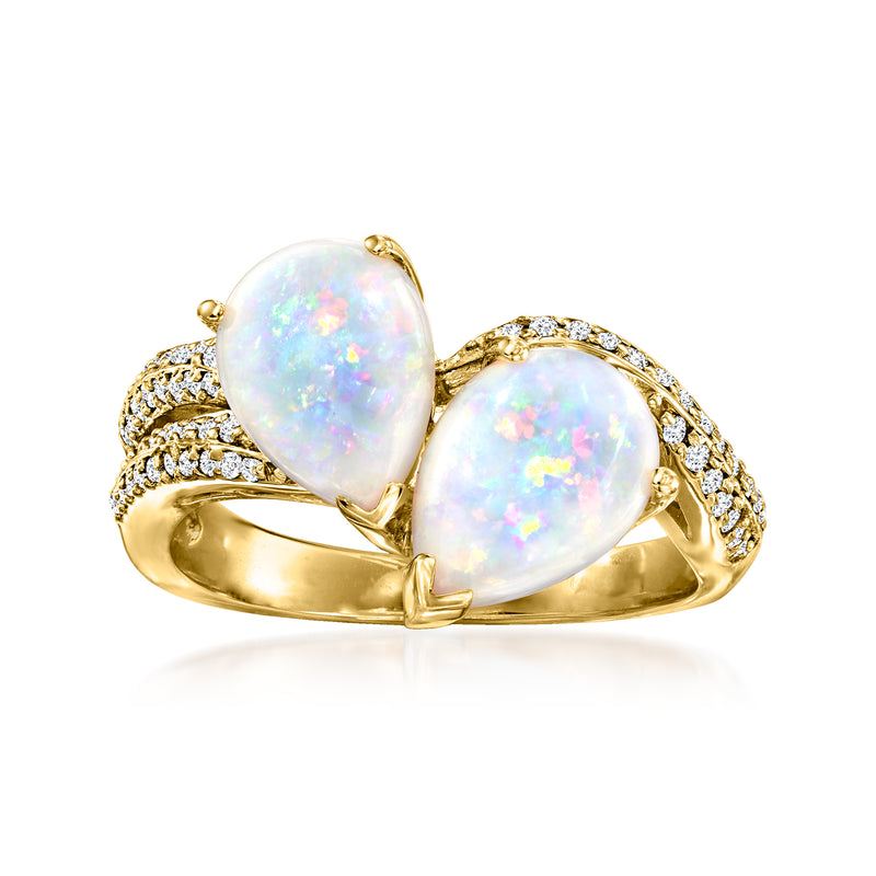 Opal and diamond ring in 14kt yellow gold with two pear-shaped opals