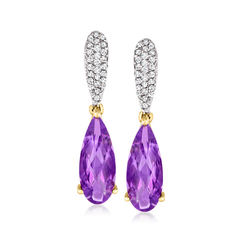 Two-tone gold amethyst drop earrings with pear-cut purple stones and diamond-set halos