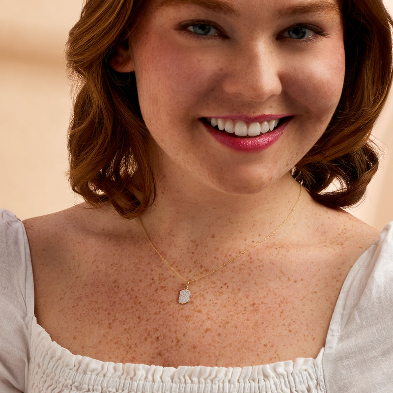 Mini diamond dog tag pendant necklace in 14kt yellow gold on chain