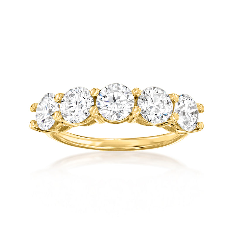 Five-stone lab-grown diamond ring in 14kt yellow gold, round stones on a band