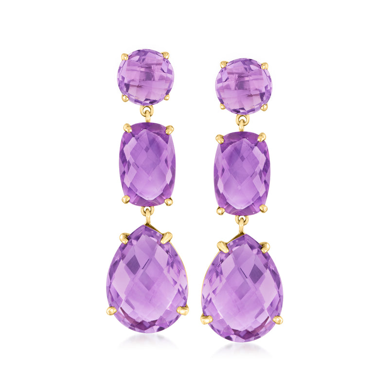 Amethyst drop earrings in 14kt yellow gold, three-tier purple stones