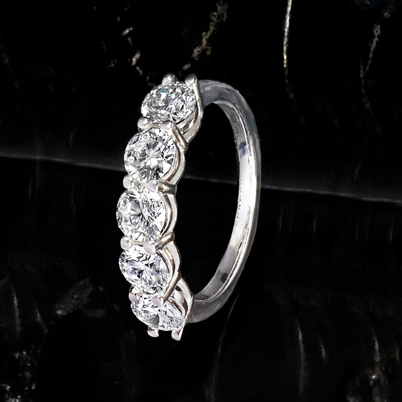 Five-stone diamond ring with round prong-set stones in 14kt white gold band