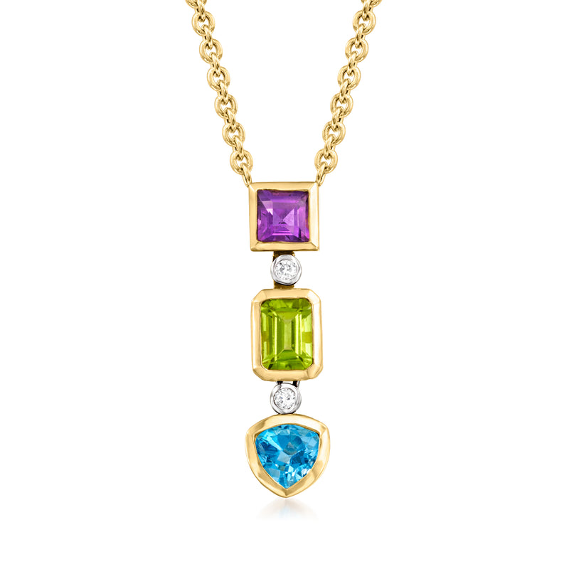 Two-tone gold Y-necklace with purple, green, blue gemstones and diamond accents