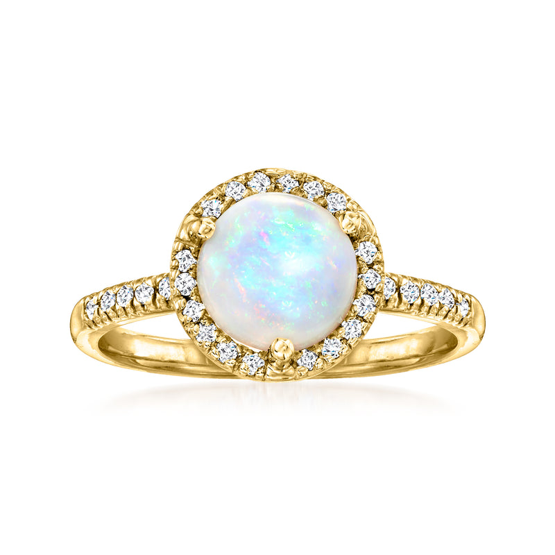 14kt yellow gold opal ring with round opal center and diamond halo