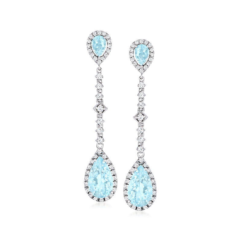 Aquamarine and diamond drop earrings with pear-shaped stones and teardrop clusters in white gold
