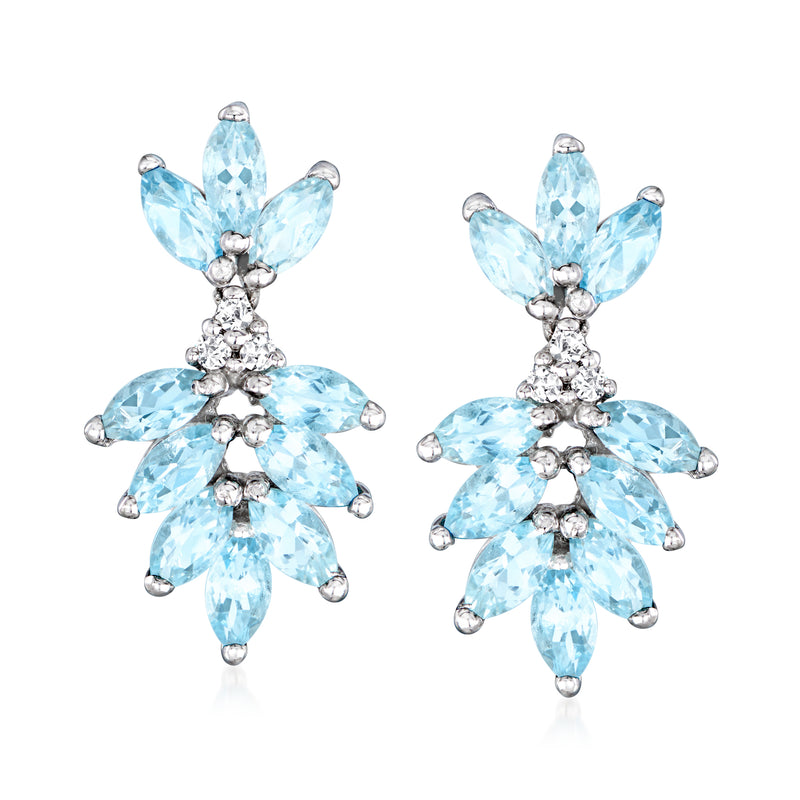 Aquamarine and diamond drop earrings in 14kt white gold, floral cluster with blue stones