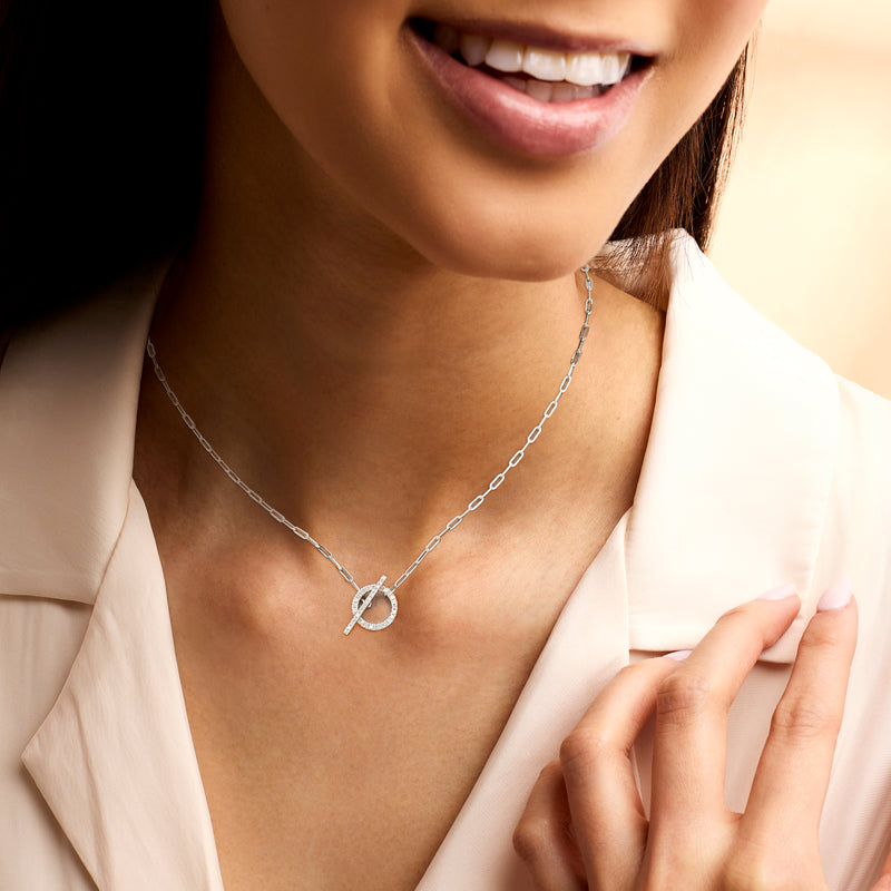 Sterling silver paper clip link necklace with diamond toggle pendant