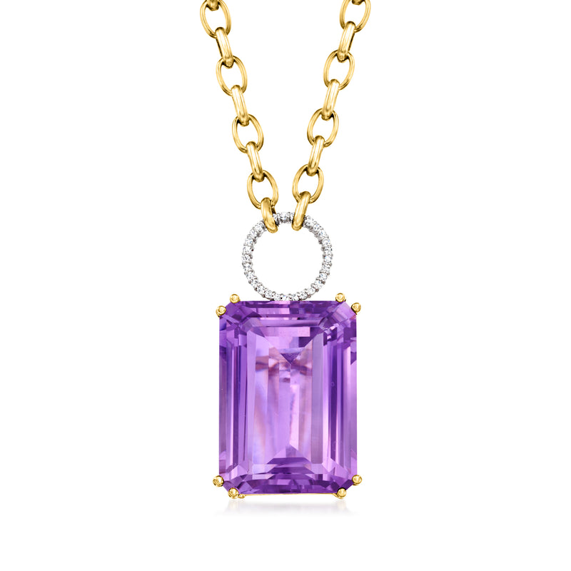 Amethyst and diamond pendant necklace, two-tone gold chain, emerald-cut amethyst center