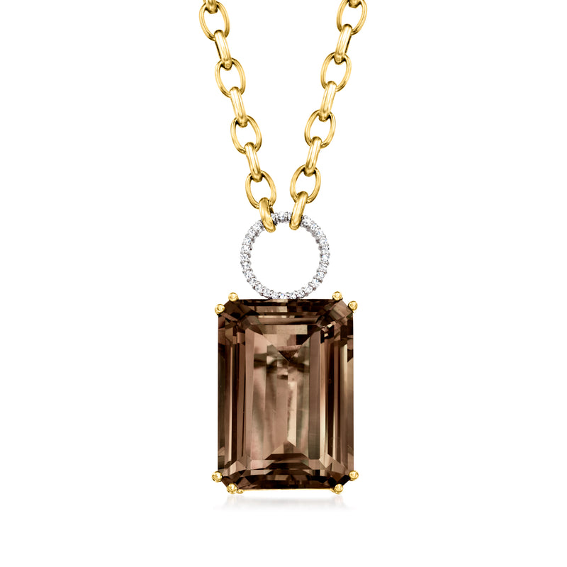 Two-tone gold necklace with rectangular smoky quartz pendant and round diamond halo