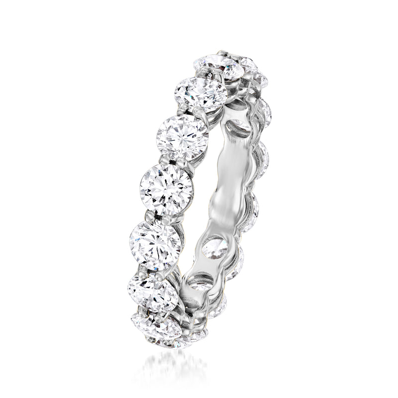 White gold eternity ring side view with round diamond stones in shared-prong bezels