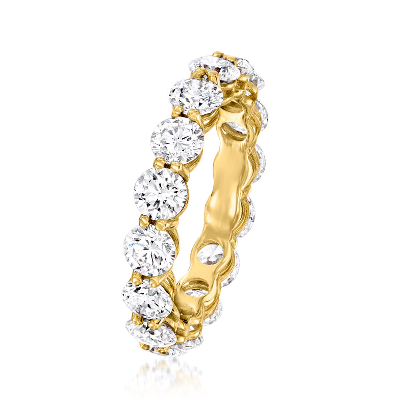 Yellow gold eternity ring with round diamonds set all around the band