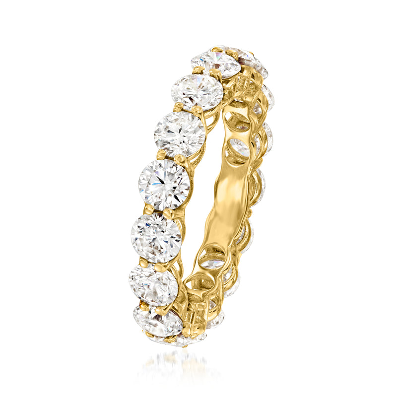 14kt yellow gold eternity band, side view with prong-set round lab-grown diamonds
