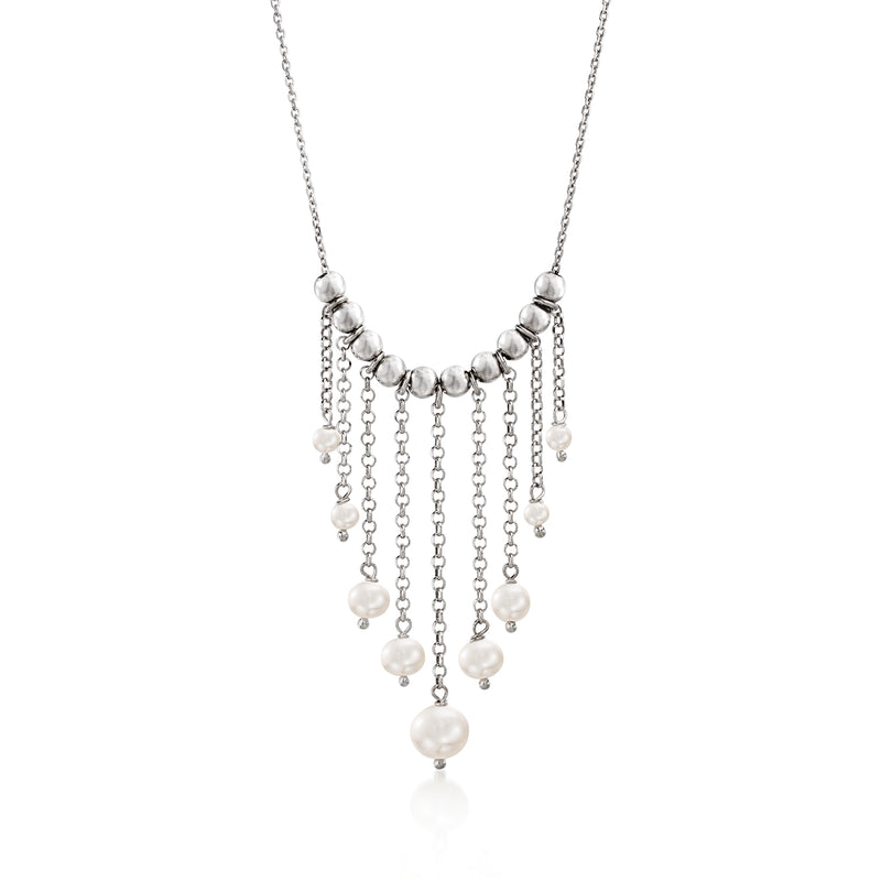 Sterling silver cultured pearl fringe necklace with central drop and dangling pearl chains