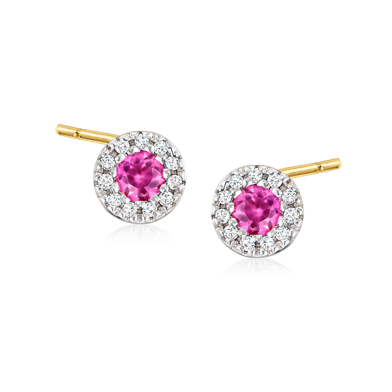 Round pink topaz stud earrings in yellow gold with diamond-like halo and gold posts