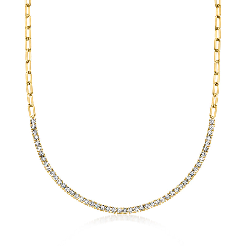 Diamond tennis paper clip link necklace in gold tone, curved with pavé stones