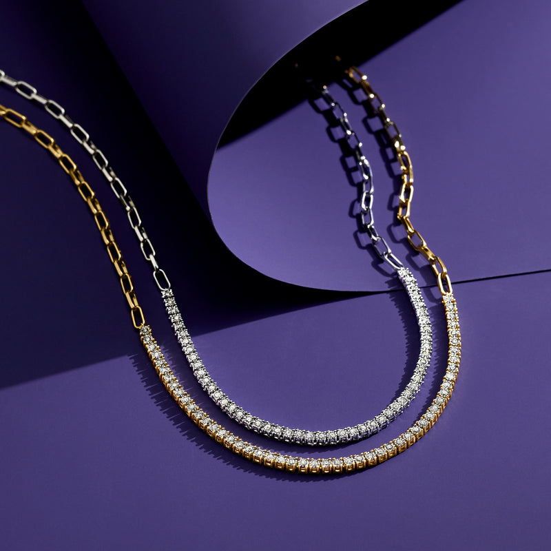 Paper clip link diamond tennis necklace in gold and silver tones, layered double strand
