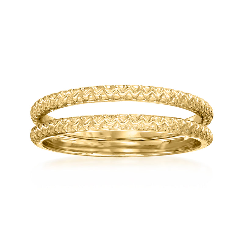 Gold-tone zigzag stack rings, two slim bands with raised crisscross texture