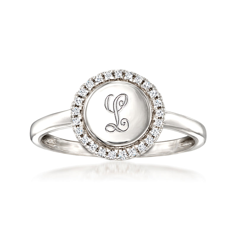 Sterling silver round diamond halo personalized monogram ring with engraved 'L'