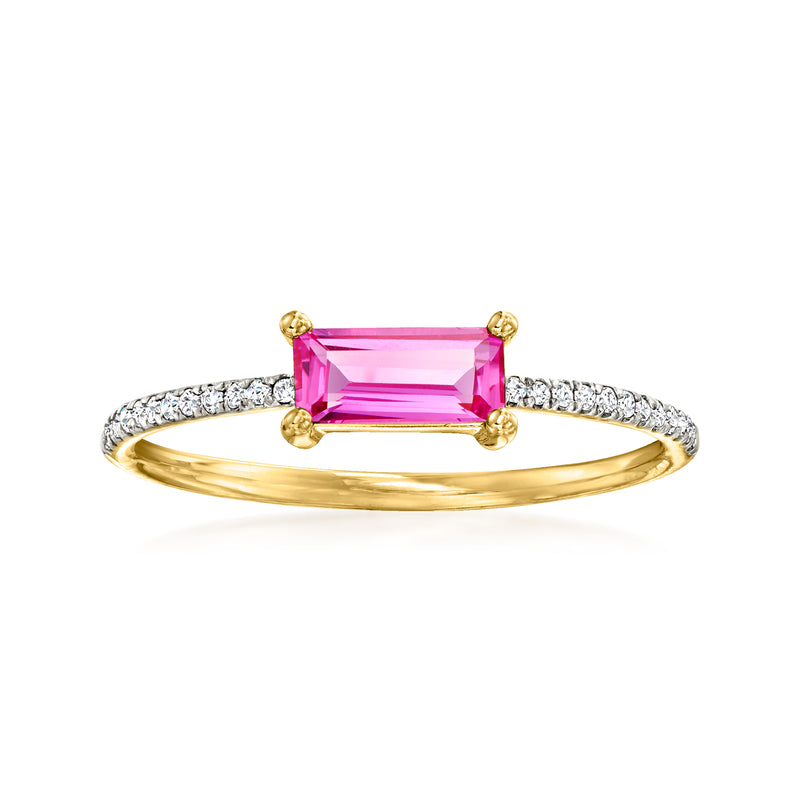 14kt yellow gold ring with rectangular pink topaz center and diamond-accented band