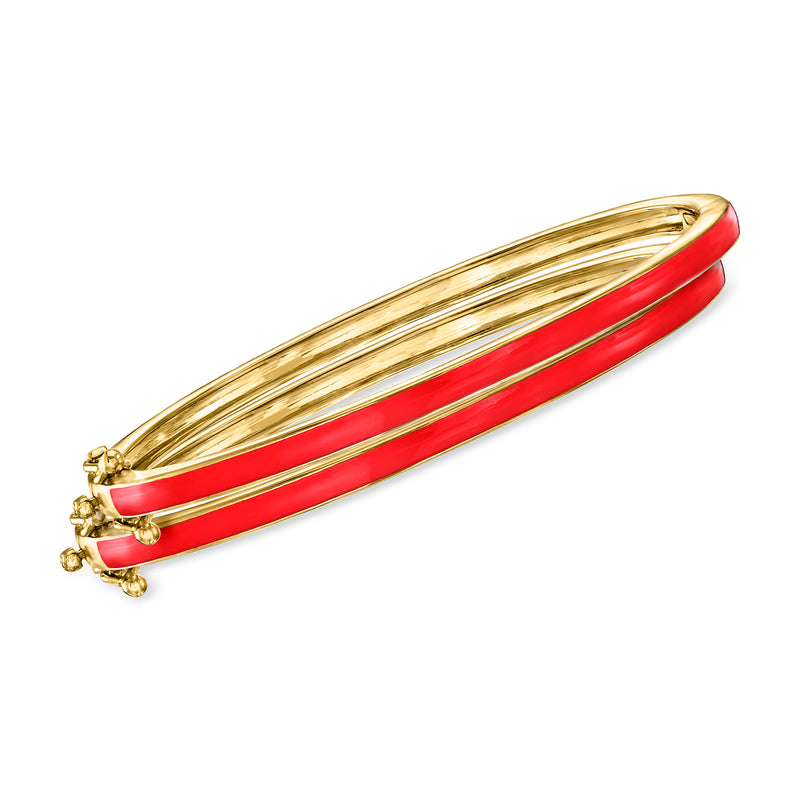 Gold over sterling bangle bracelets with red enamel, two stacking bangles