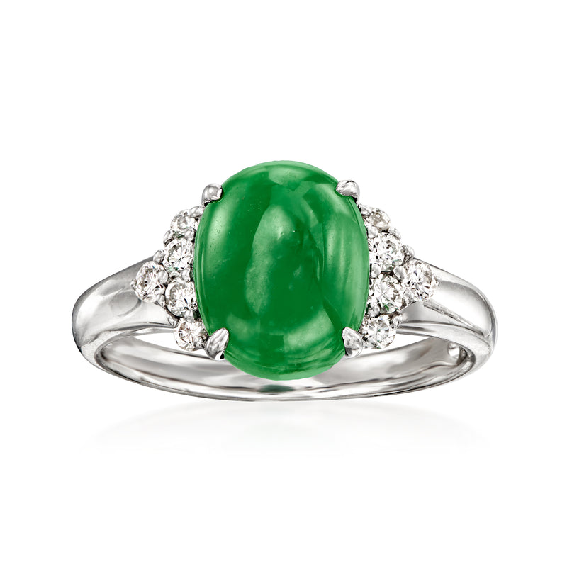 Oval green jade cabochon ring with diamond halo and 18kt white gold band