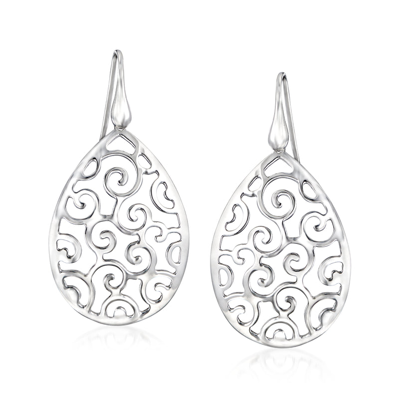 Sterling silver filigree swirl teardrop drop earrings with earwire hooks