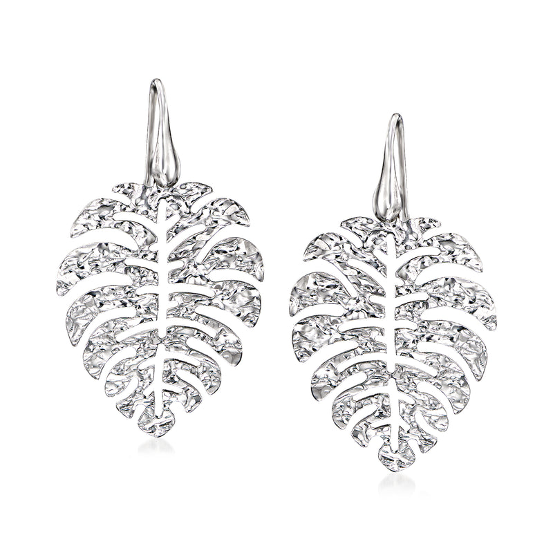 Sterling silver palm leaf drop earrings with hammered and polished leaf detail