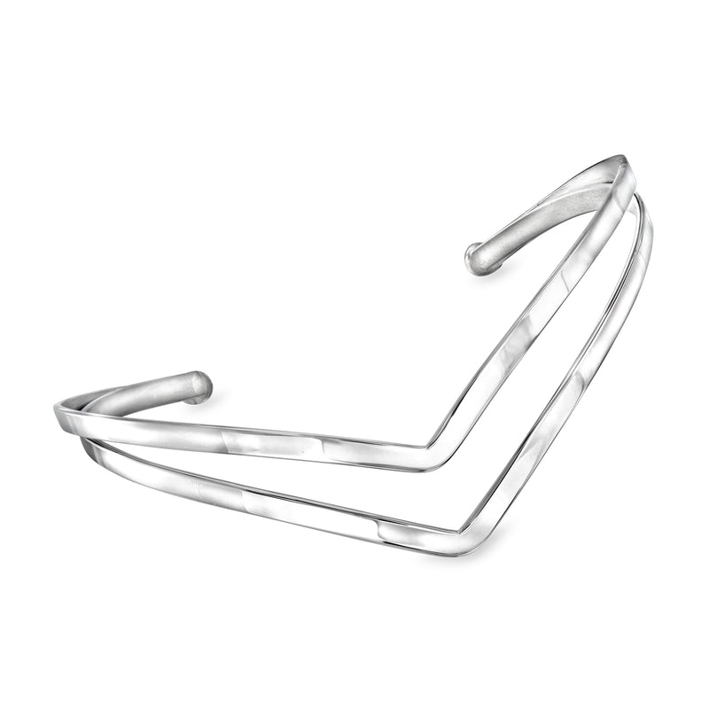Sterling silver chevron cuff bracelet, V-shaped open bangle with polished finish
