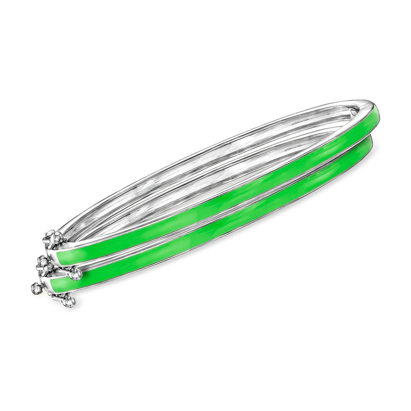 Two green enamel bangle bracelets with sterling silver frames and open clasp ends