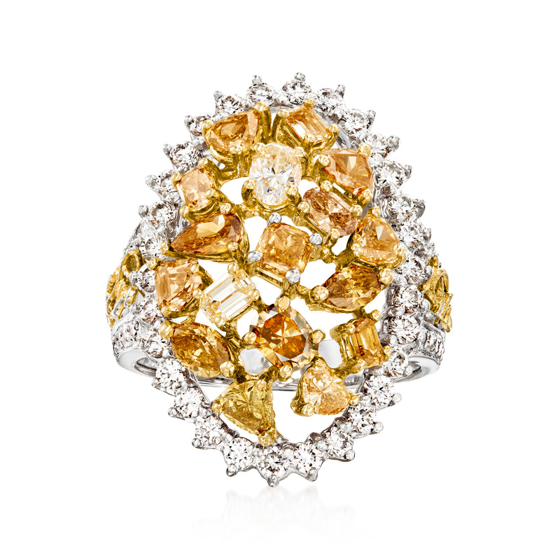 Two-tone gold cocktail ring with multicolored diamond cluster halo