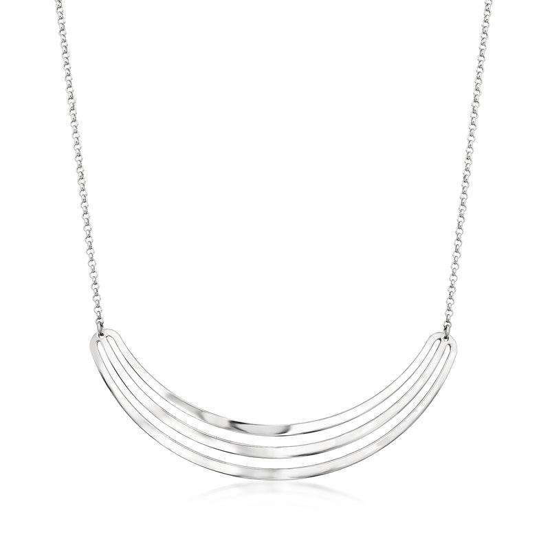 Sterling silver triple-bar bib necklace with three curved metal bars and chain