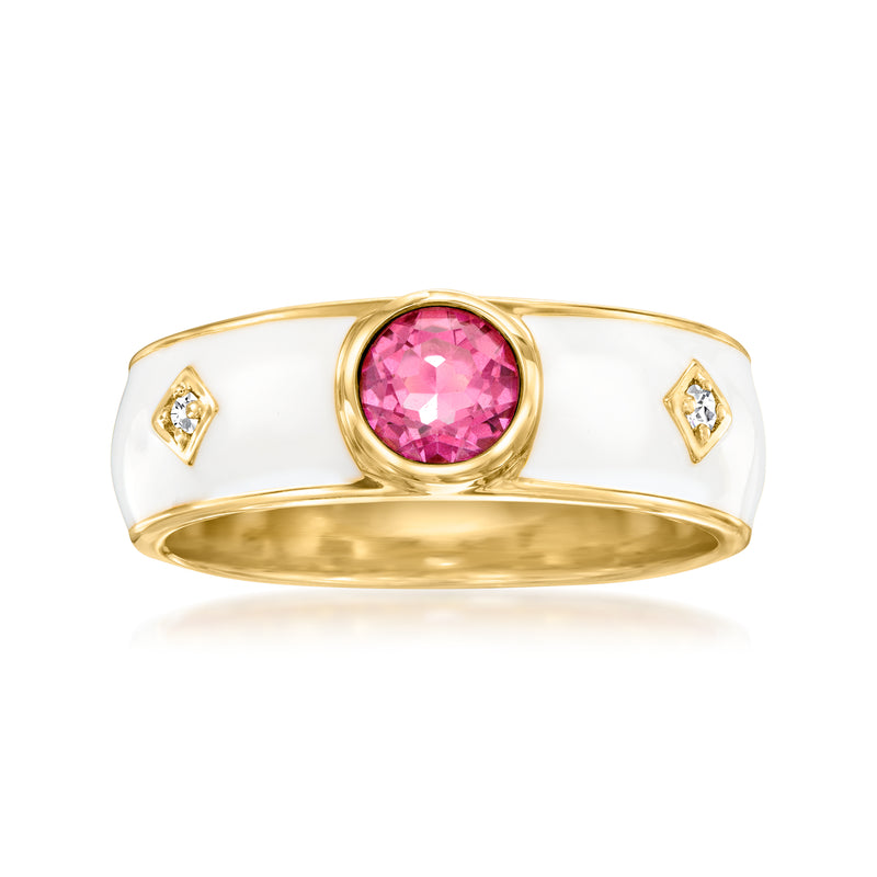 Gold over sterling ring, pink topaz center, white enamel, two small diamond accents
