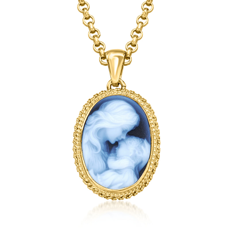 Gold-tone oval cameo pendant necklace with blue mother-and-child relief on chain