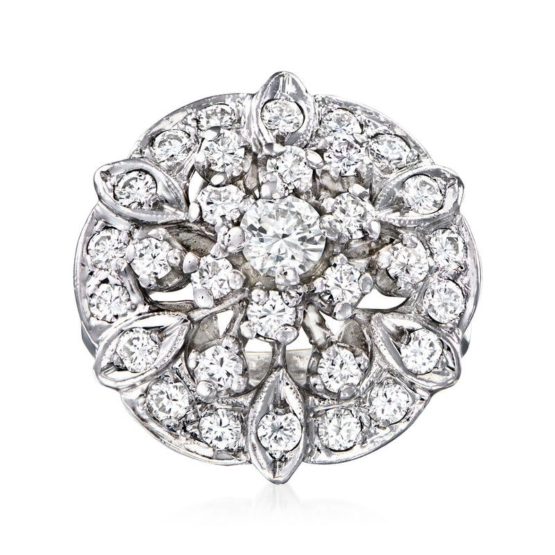 Floral diamond cluster ring in 14kt white gold, round-cut stones halo