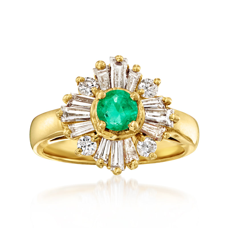 14kt yellow gold ring with oval green gemstone and baguette plus round diamond halo