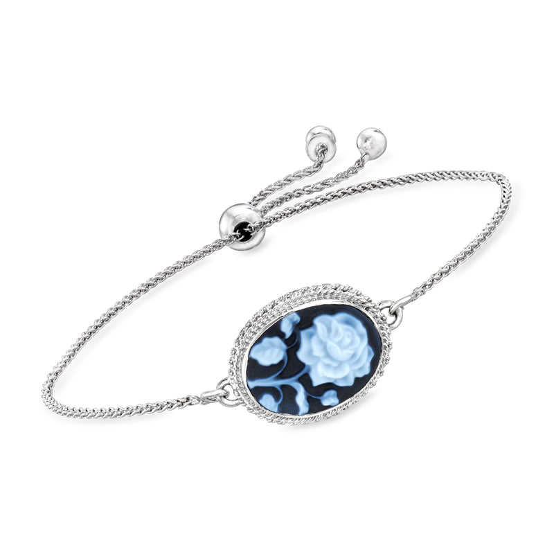 Sterling silver bolo bracelet with oval blue rose cameo pendant and rhinestone halo