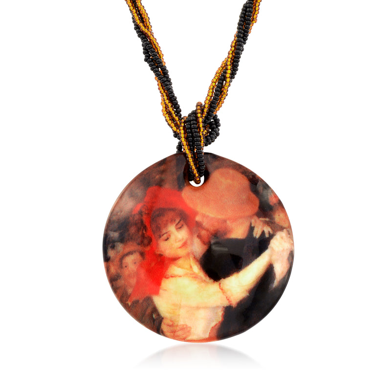Multi-strand pendant necklace with round Murano glass artwork in red, gold, and black