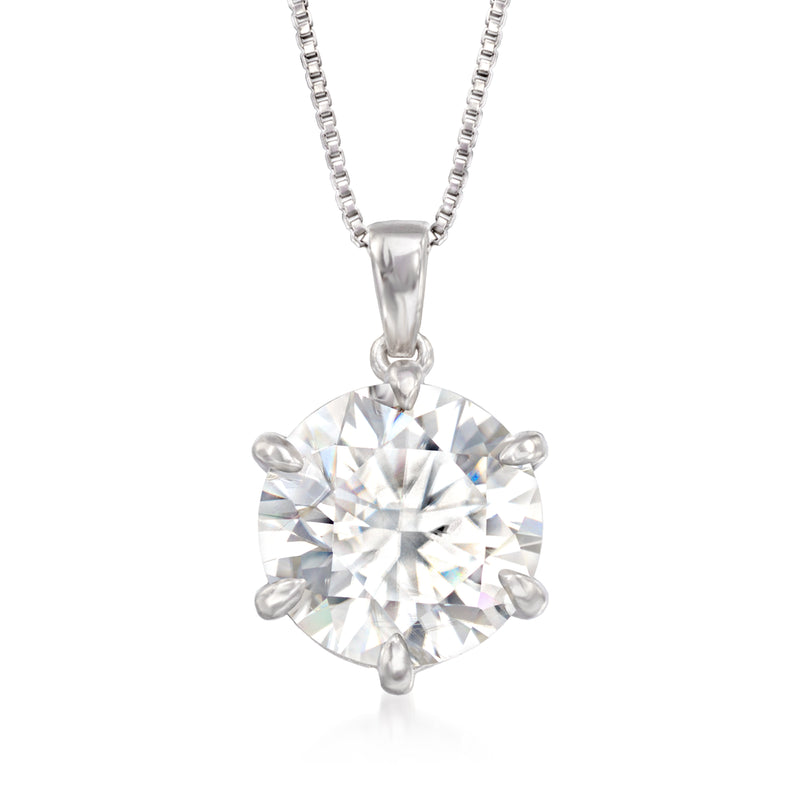 Sterling silver solitaire pendant necklace with round moissanite gemstone on chain