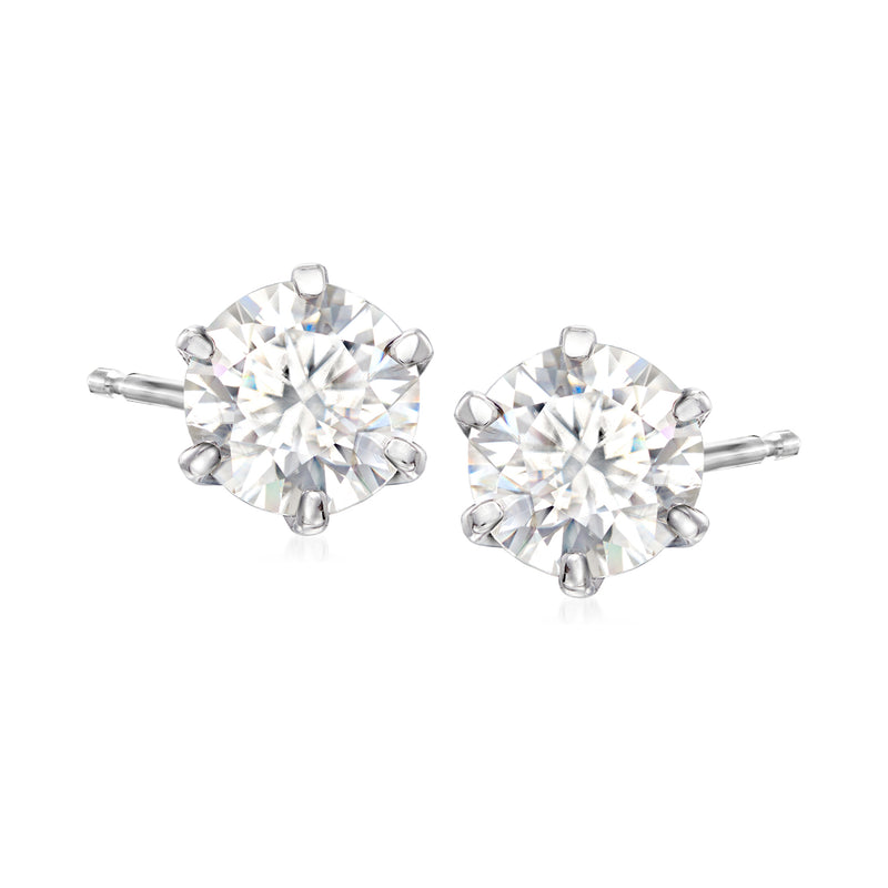 Round moissanite stud earrings in sterling silver, clear gemstone setting