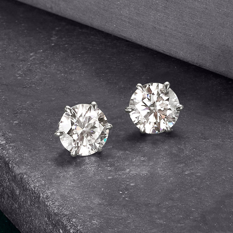 Round moissanite stud earrings in sterling silver with prong settings