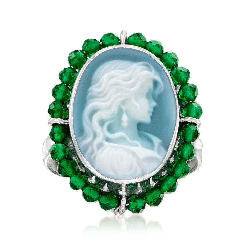 Sterling silver cameo ring with oval blue-green agate and green gemstone halo