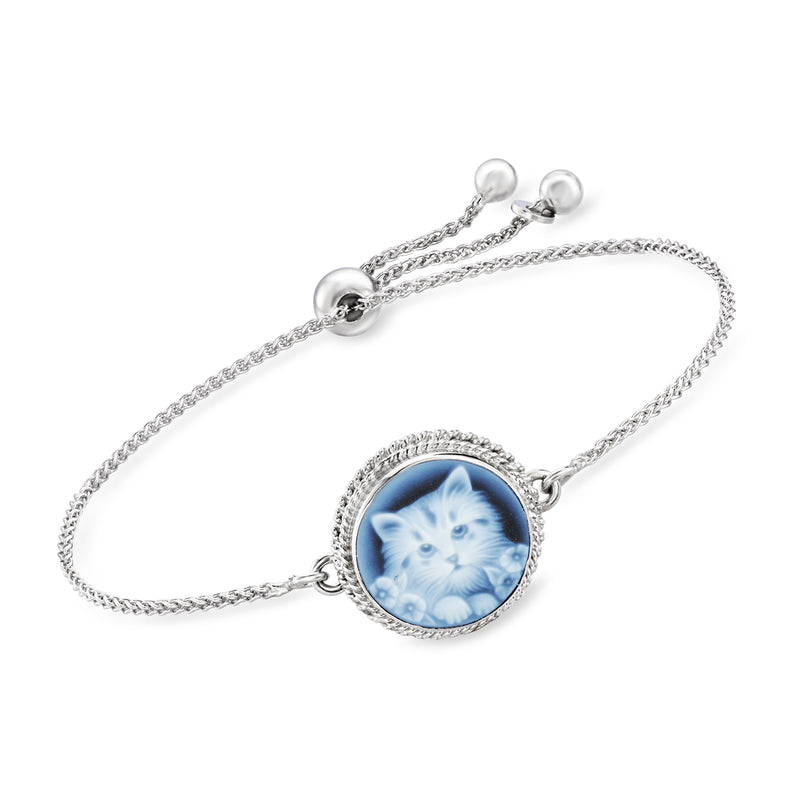 Sterling silver bolo bracelet with round blue cat cameo charm