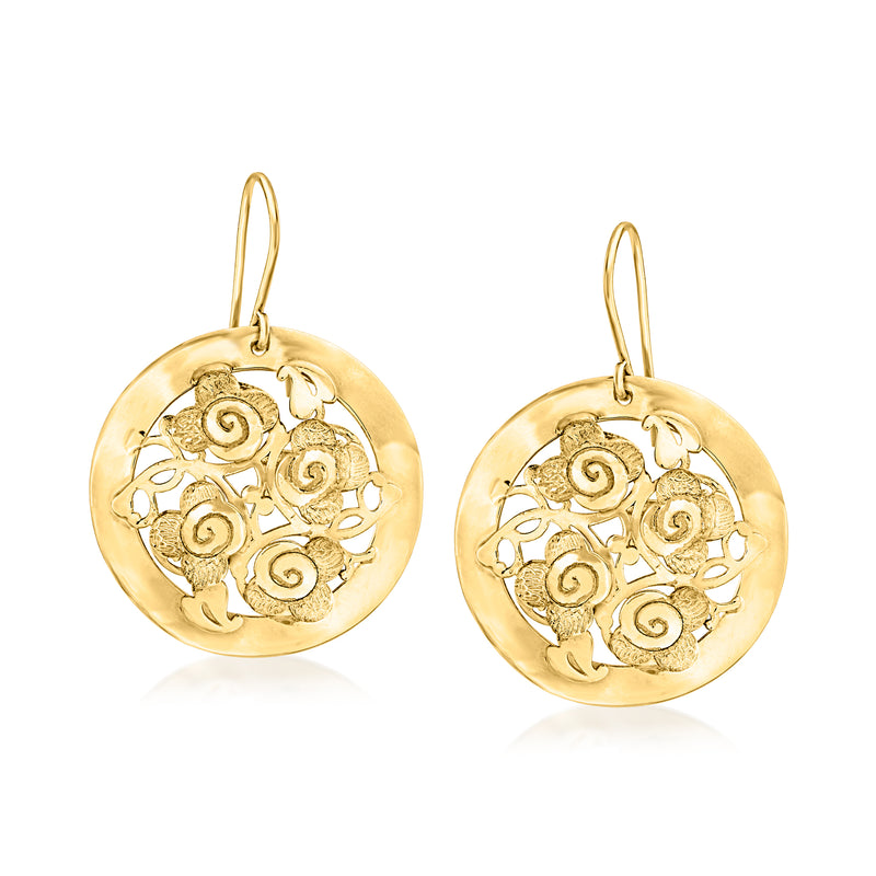 18kt yellow gold round floral filigree drop earrings on earwires