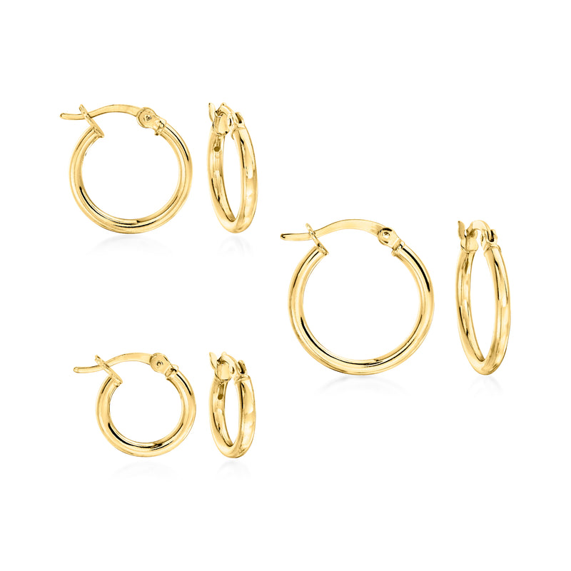 Gold hoop earring set with three pairs, small 2mm-style hoops