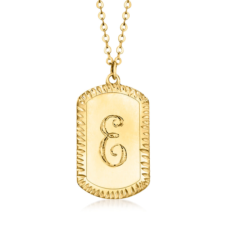 14kt yellow gold personalized dog tag pendant necklace with engraved monogram detail