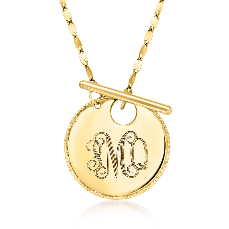 Personalized 14kt yellow gold disc pendant necklace with engraved round charm