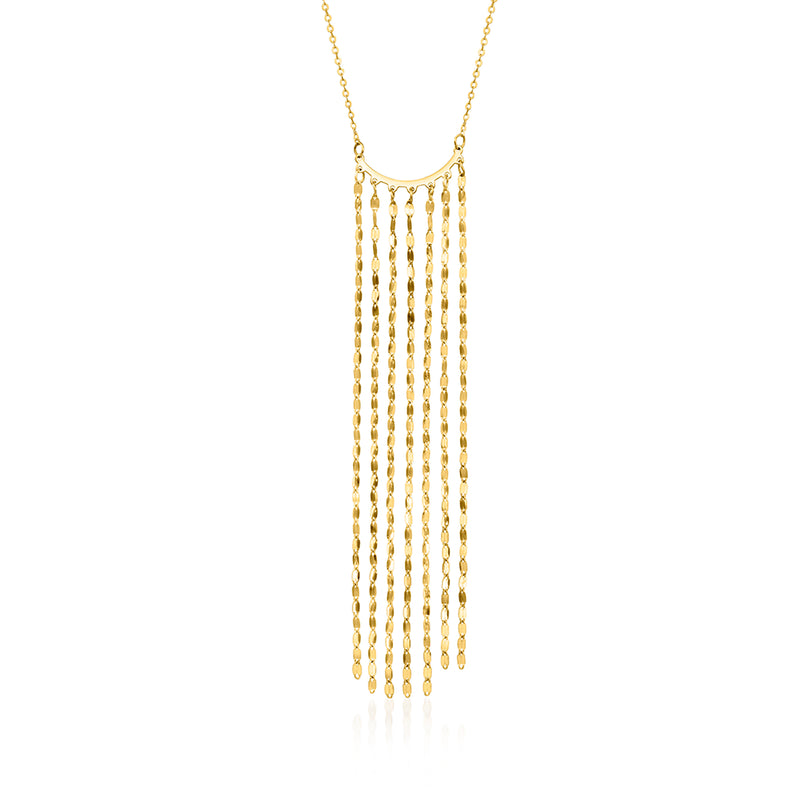 14kt yellow gold fringe drop necklace with semicircle openwork and long dangling chains