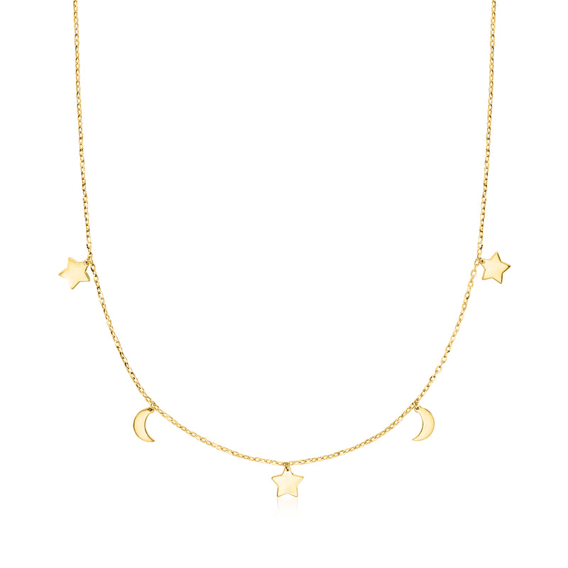 14kt yellow gold celestial charm station necklace with star and crescent charms