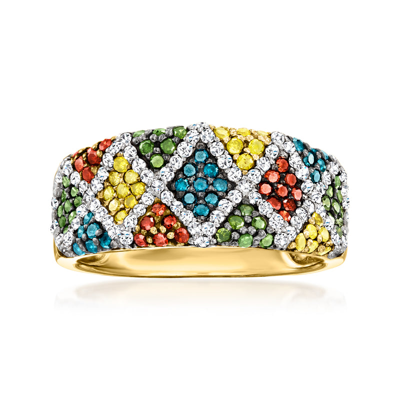Multicolored geometric diamond ring in 14kt yellow gold, multicolor stone mosaic.