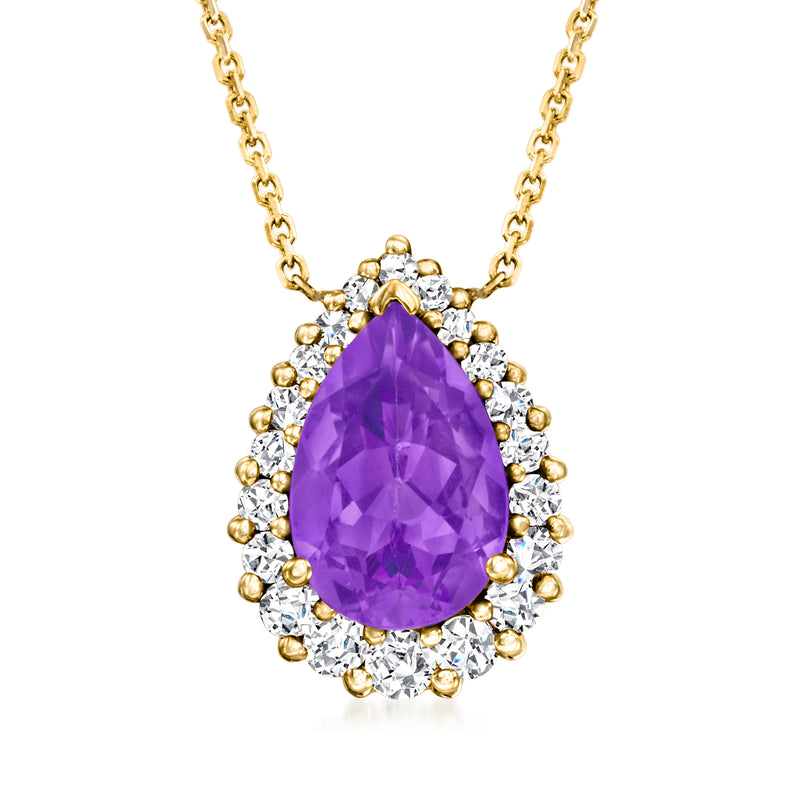 Teardrop amethyst and diamond pendant necklace in 14kt yellow gold, pear-shaped stone